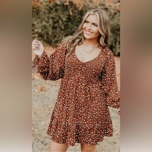 New In Boutique Chocolate Long Sleeve Mini Dot Dress Size Small